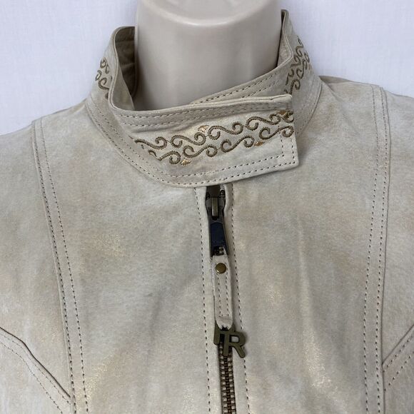Powder River Panhandle Slim Leather Jacket Small Beige Studded Embroidered Cross - Picture 5 of 12
